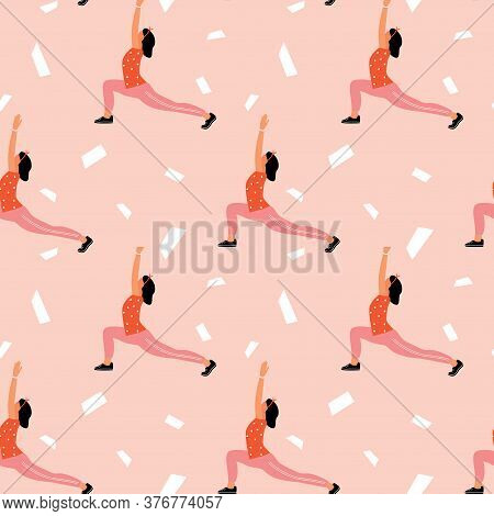 Seamless Pattern With Woman Doing Yoga At Home. Illustration With Pose Warrior, Virabhadrasana.