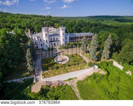 Old Abandoned Palace In Sharivka, Kharkiv Region Landmark, Ukraine. Summer Aerial View.