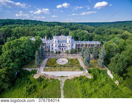 Old Abandoned Palace In Sharivka, Kharkiv Region Landmark, Ukraine. Summer Aerial Front View.