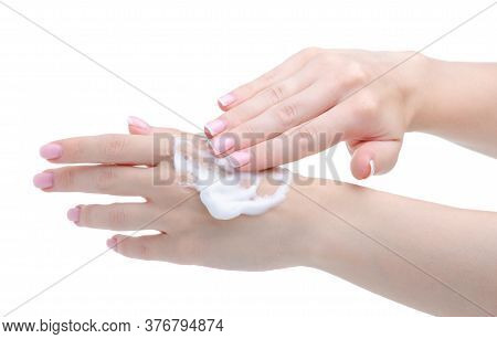 Hand With Panthenol Foam On White Background Isolation