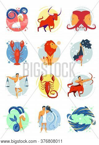 Colorful Set Of Zodiac Signs Aries, Leo, Sagittarius, Taurus, Virgo, Capricorn, Gemini, Libra, Aquar