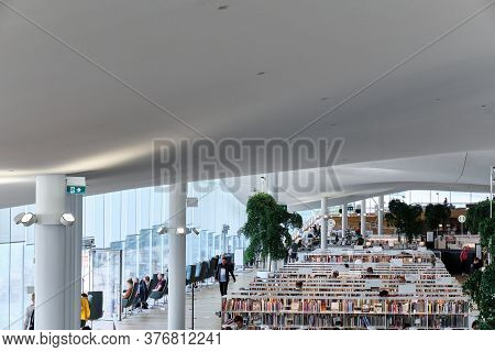 Helsinki, Finland - July 1, 2020: The Interior Of The Brand New Oodi Library. Oodi Library In Top 10