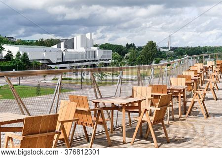 Helsinki, Finland - July 1, 2020: The Terrace Of The Oodi Library. View Of The Finlandia Hall.