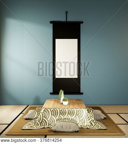 Kotatsu Low Table And Pillow Ontatami Mat, Dark Blue Room Japan And Frame Mock Up.3D Rednering