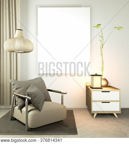 Living Room Japanese Style With Wooden Table, Lamps And Armchair On Floor Concrete. 3D Rendering