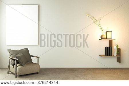 Living Room Japanese Style With Wooden Table, Lamps And Armchair On Floor Concrete. 3D Rendering