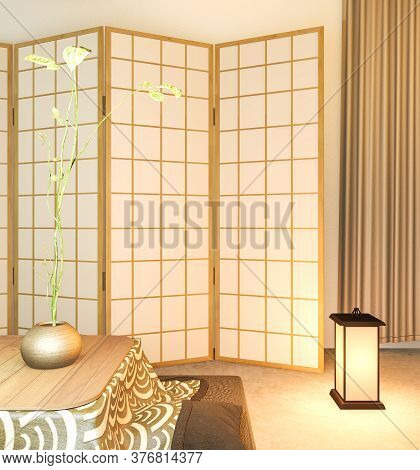 Japanese Partition Paper Wooden Design On Living Room Tatami Floor.3D Rendering
