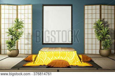 Japanese Partition Paper Wooden Design And Kotatsu Low Table On Mint Living Room Tatami Floor.3D Ren