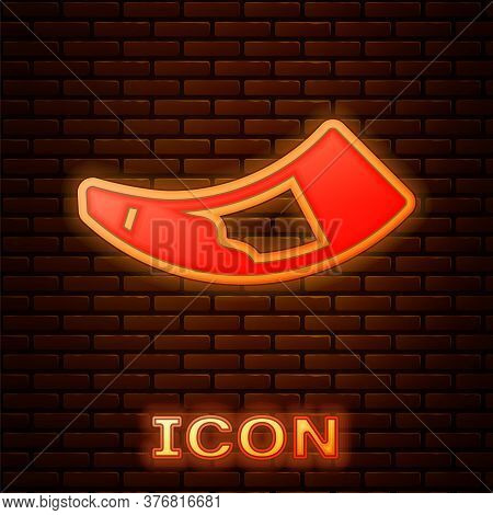 Glowing Neon Hunting Horn Icon Isolated On Brick Wall Background. Vector