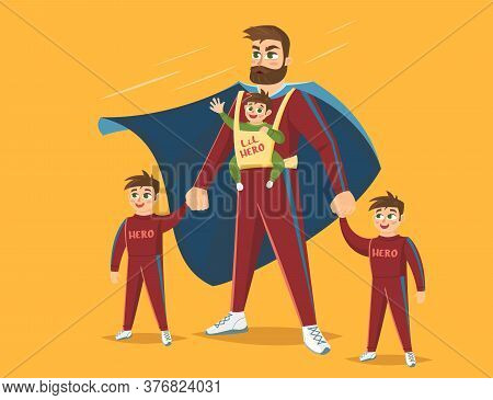 Super Dad, Dad With His Three Children, Vector Illustration
