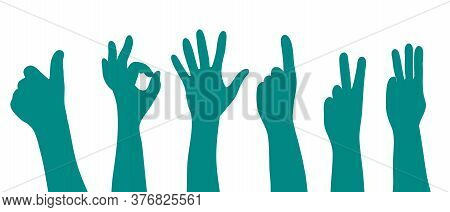 Hands Signs, Gestures And Finger Movements Set Silhouette Vector Illustration In Blue Color On A Whi