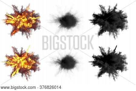 Set Of Round Explosions Of Anti Aircraft Gun Shell Hit Or View From Top On Bangs Or Rocket Intercept