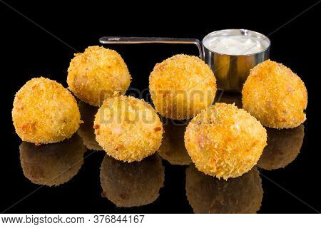 Tasty Balls From Rice And Cheese With Reflection, Isolated On Black Background