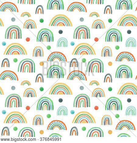 Watercolor Nursery Raindow Seamless Pattern. Scandinavian Style Hand Painted Rainbows Background. Ba