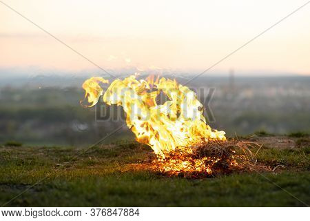 Big Bright Bonfire Bugning At Field In Evening.