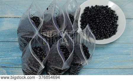 Close Up Shot Of Packing Berries In Zipper Plastic Bags For Freezing. Frosting, Icing, Freeze Of Blu