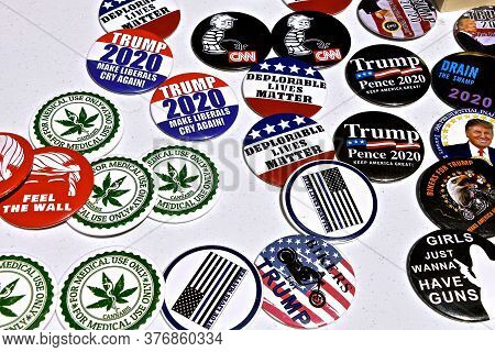 Keystone, South Dakota, June 27, 2020: The Variety Of Political Buttons Advertises President Trumps 