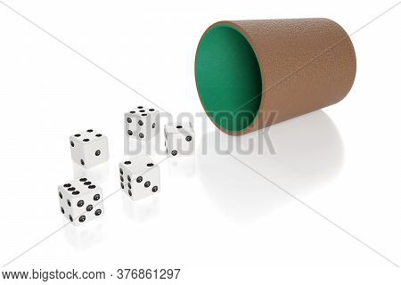 Dice And Dice Cup Isolated On White Background. 3d Illustration.