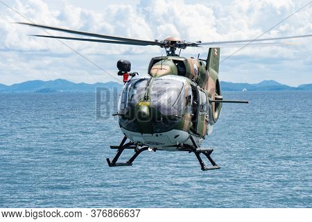 Chonburi, Thailand - July 9, 2020: The Eurocopter Ec 645 T2 Helicopter Of Royal Thai Navy Fly Over T