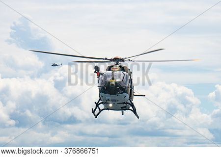 Chonburi, Thailand - July 9, 2020: The Eurocopter Ec 645 T2 Helicopter Of Royal Thai Navy Fly In The