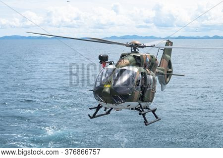 Chonburi, Thailand - July 9, 2020: The Eurocopter Ec 645 T2 Helicopter Of Royal Thai Navy Fly Over T