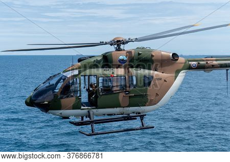 Chonburi, Thailand - July 9, 2020: The Eurocopter Ec 645 T2 Helicopter Of Royal Thai Navy Fly Over T