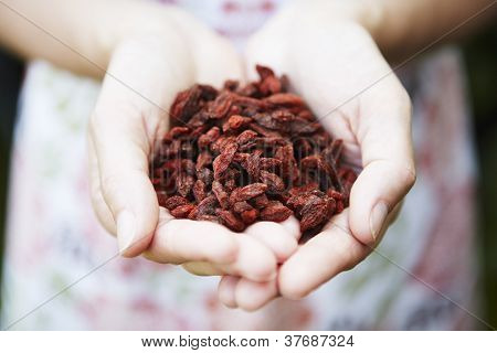 Mulher segurando o punhado de bagas de Goji