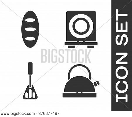 Set Kettle With Handle, Bread Loaf, Spatula And Electric Stove Icon. Vector