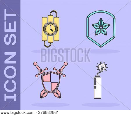 Set Dynamite Bomb Stick Clock, Dynamite Stick And Timer Clock, Medieval Shield With Crossed Swords A