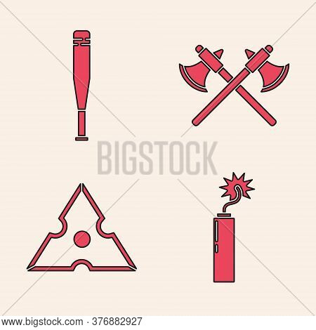 Set Dynamite Bomb Stick Clock, Baseball Bat, Crossed Medieval Axes And Japanese Ninja Shuriken Icon.