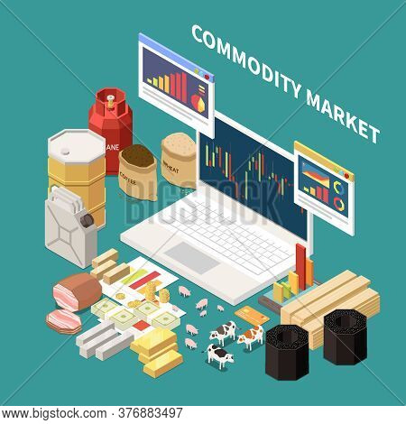 Commodity Isometric Composition With Images Of Laptop With Graphs And Various Objects Related To Dif