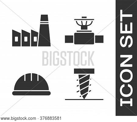 Set Rotating Drill Digging A Hole, Oil Industrial Factory Building, Worker Safety Helmet And Industr
