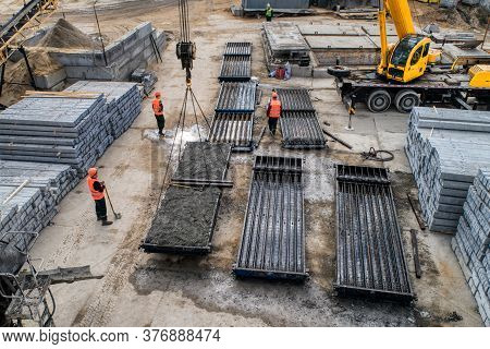 Factory For The Production Of Reinforced Concrete Piles. You Can See The Site For Pouring Concrete, 