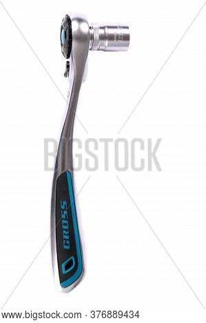 Novyy Urengoy, Russia - July 8, 2020: Big Ratcheting Socket Wrench Gross Cr-v Isolated Over White Ba