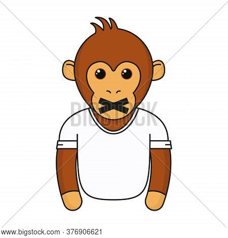 Cute Monkey With Closed Mouth. Cartoon Fashionable Monkey Wear In White T-shirt. Animal Emoji Vector