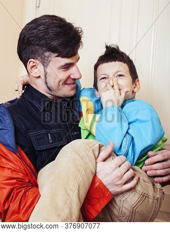 Faher And Son Together Having Fun At Home, Lifestyle Happy Family, People At Home