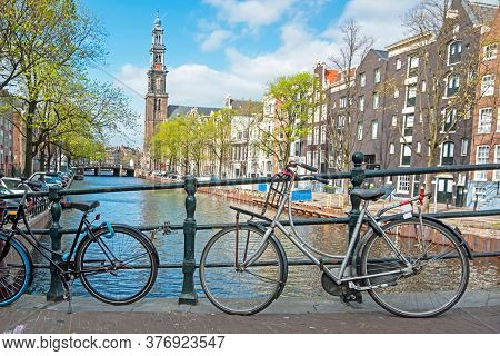 City scenic from Amsterdam with the Westerkerk in the Netherlands