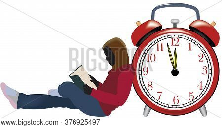Study Time Girl With A Book And The Red Alarm Clock