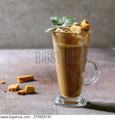Dalgona Frothy Coffee Trend Korean Drink Latte Espresso With Coffee Foam In Tall Glass, Decorated By