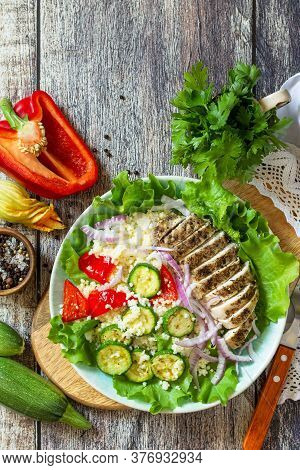 Eastern Cuisine. Summer Lunch, Healthy Salad With Couscous, Grilled Vegetables And Lettuce. Top View