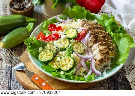 Eastern Cuisine. Summer Lunch, Healthy Salad With Couscous, Grilled Vegetables And Lettuce.
