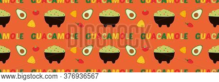 Vector Horizontal Seamless Pattern Background With Mexican Guacamole Dip, Spread In Bowl With Vegeta
