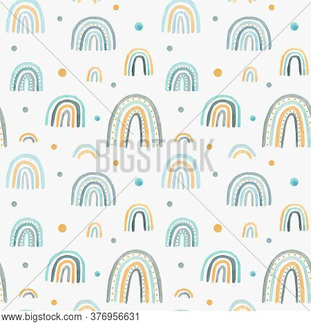 Watercolor Nursery Raindow Seamless Pattern. Scandinavian Style Hand Painted Rainbows Background. Ba