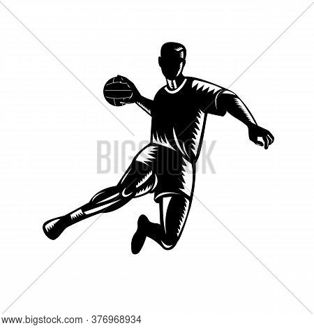 Retro Woodcut Style Illustration Of A Handball Player, Also Known As Team Handball, European Handbal