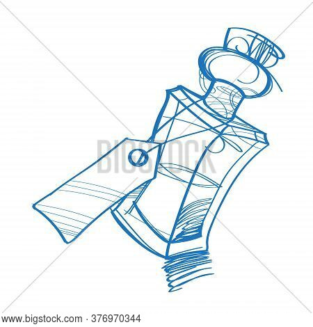 A Glass Vial With A Pink Liquid Is A Sketch Of The Logo. Element For Infographics In The Hand Drawin