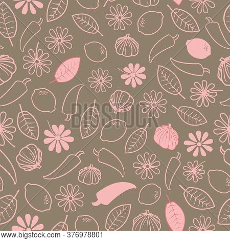 Brown And Pastel Pink Kitchen Theme Seamless Repeating Pattern. Beautiful Hand Drawn Vector Design P