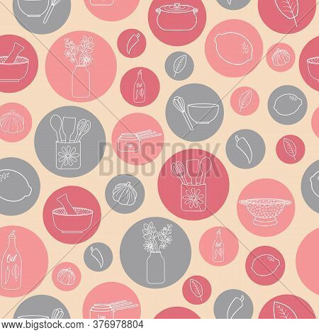 Pastel Pink With Bubbles Kitchen Theme Seamless Repeating Pattern. Beautiful Hand Drawn Vector Desig