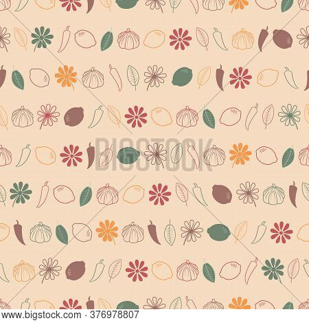Pastel Pink And Multicolored Kitchen Theme Seamless Repeating Pattern. Beautiful Hand Drawn Vector D