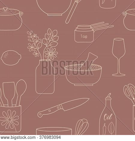 Dark Pastel Pink And Cream Kitchen Themed Seamless Repeating Pattern. Beautiful Vector Design Perfec