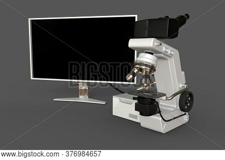 White Scientific Microscope, Cpu Block And Empty Display Isolated, Photorealistic 3d Illustration Of
